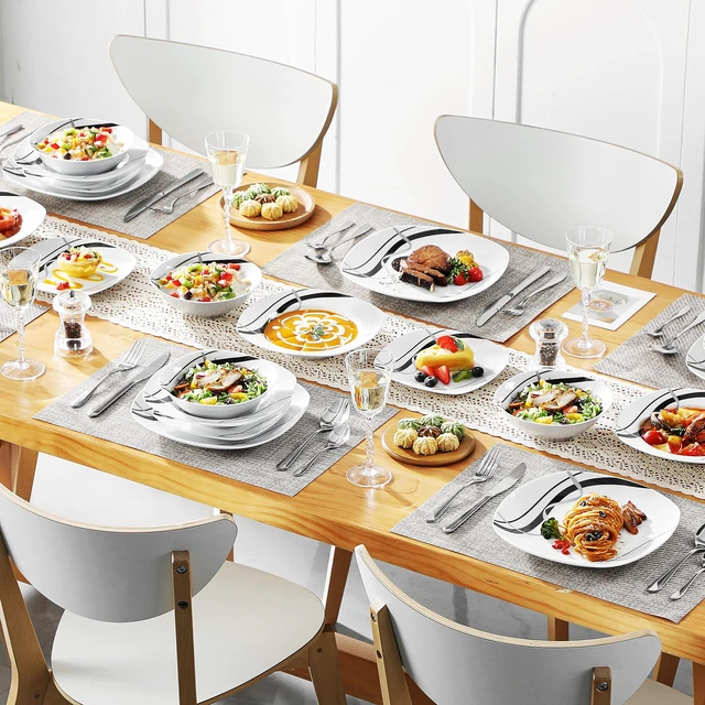 Alt view image 6 of 6 - Ceramic Dinnerware Sets for 6, White and Black Dishes Set, FIONA | Porcelain Dinner Set Including Dessert Plates, Soup Plates, Dinner Plates, Cups & Saucers, Microwave & Dishwasher Safe
