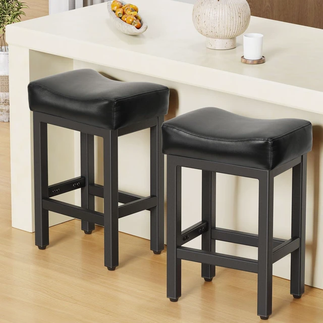 Main image of 24 Inche Bonded Leather Counter Height Bar Stools Set of 2 Square | Barstools with Thick Bonded Leather Saddle Seats & Heavy Duty Metal Base for Kitchen Counter, Easy Assembly, All Black