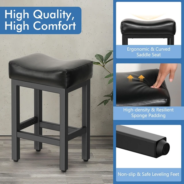 Alt view image 3 of 7 - 24 Inche Bonded Leather Counter Height Bar Stools Set of 2 Square | Barstools with Thick Bonded Leather Saddle Seats & Heavy Duty Metal Base for Kitchen Counter, Easy Assembly, All Black