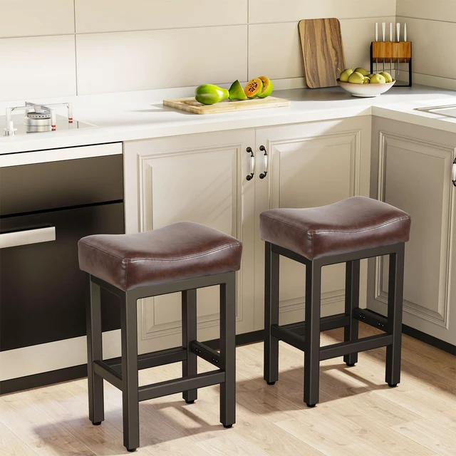 Alt view image 5 of 7 - 24 Inche Bonded Leather Counter Height Bar Stools Set of 2 Square | Barstools with Thick Bonded Leather Saddle Seats & Heavy Duty Metal Base for Kitchen Counter, Easy Assembly, All Black