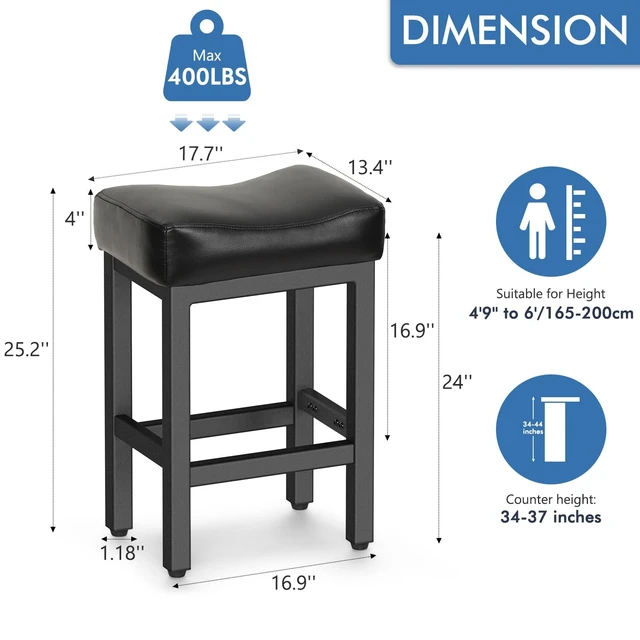 Alt view image 2 of 7 - 24 Inche Bonded Leather Counter Height Bar Stools Set of 2 Square | Barstools with Thick Bonded Leather Saddle Seats & Heavy Duty Metal Base for Kitchen Counter, Easy Assembly, All Black