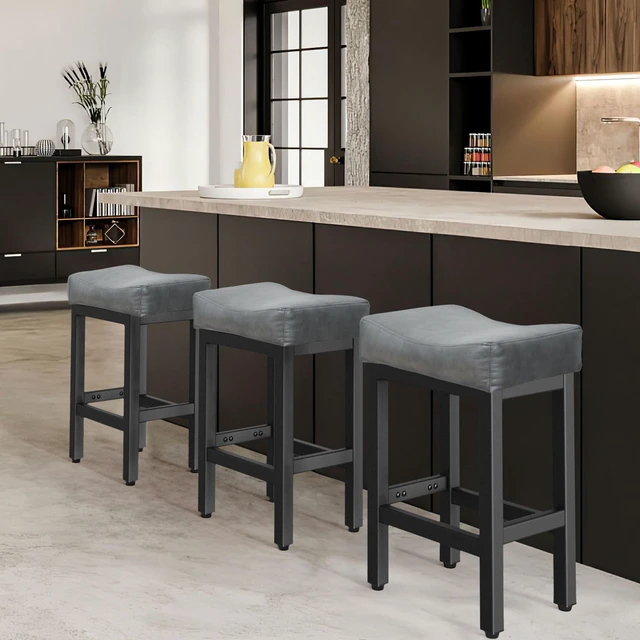 Alt view image 7 of 7 - 24 Inche Bonded Leather Counter Height Bar Stools Set of 2 Square | Barstools with Thick Bonded Leather Saddle Seats & Heavy Duty Metal Base for Kitchen Counter, Easy Assembly, All Black