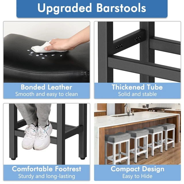 Alt view image 4 of 7 - 24 Inche Bonded Leather Counter Height Bar Stools Set of 2 Square | Barstools with Thick Bonded Leather Saddle Seats & Heavy Duty Metal Base for Kitchen Counter, Easy Assembly, All Black