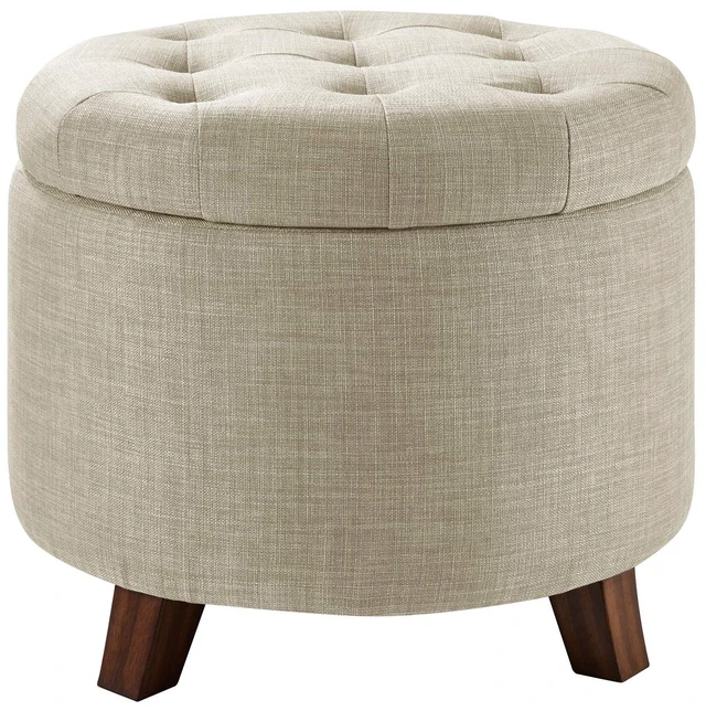 Main image of Round Storage Ottoman Foot Rest, Button Tufted Upholstered Footstool with Storage, Sturdy Linen Fabric for Living Room and Bedroom, 20" x 17", Beige