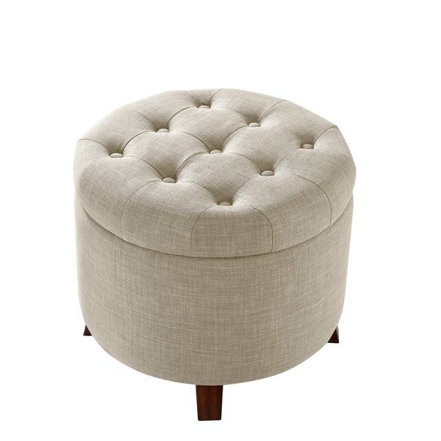 Alt view image 2 of 4 - Round Storage Ottoman Foot Rest, Button Tufted Upholstered Footstool with Storage, Sturdy Linen Fabric for Living Room and Bedroom, 20" x 17", Beige