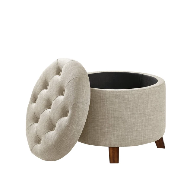 Alt view image 3 of 4 - Round Storage Ottoman Foot Rest, Button Tufted Upholstered Footstool with Storage, Sturdy Linen Fabric for Living Room and Bedroom, 20" x 17", Beige