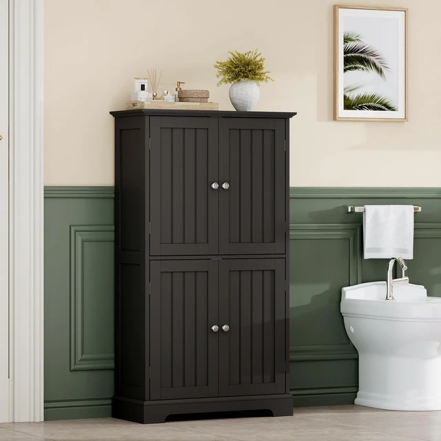 Alt view image 2 of 7 - Bathroom Floor Cabinet with Adjustable Shelves | Bathroom Storage Cabinet, 4 Doors, Freestanding Cupboard for Living Room, Black