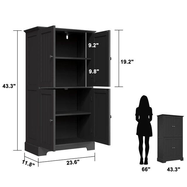 Alt view image 3 of 7 - Bathroom Floor Cabinet with Adjustable Shelves | Bathroom Storage Cabinet, 4 Doors, Freestanding Cupboard for Living Room, Black