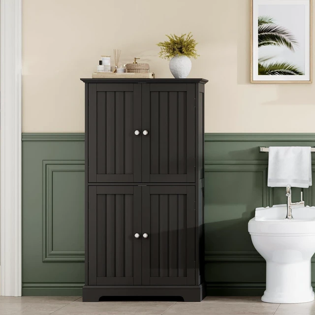 Alt view image 6 of 7 - Bathroom Floor Cabinet with Adjustable Shelves | Bathroom Storage Cabinet, 4 Doors, Freestanding Cupboard for Living Room, Black