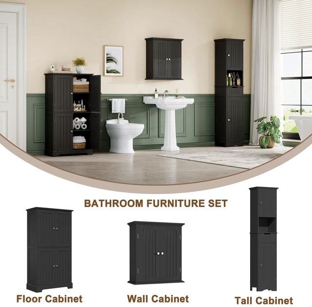 Alt view image 5 of 7 - Bathroom Floor Cabinet with Adjustable Shelves | Bathroom Storage Cabinet, 4 Doors, Freestanding Cupboard for Living Room, Black