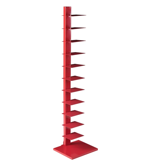 Alt view image 2 of 5 - Stewartby Spine Tower Bookcase - Modern - Metal - 12 Shelves - Red - Adjustable - Space-Saving - Ideal for Home Office, Living Room, Dining Room, Bedroom (HZ9492)