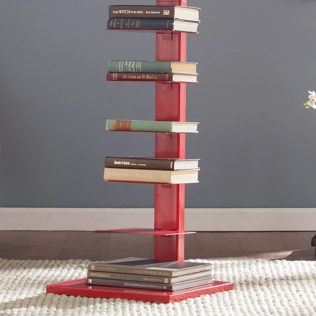 Alt view image 5 of 5 - Stewartby Spine Tower Bookcase - Modern - Metal - 12 Shelves - Red - Adjustable - Space-Saving - Ideal for Home Office, Living Room, Dining Room, Bedroom (HZ9492)