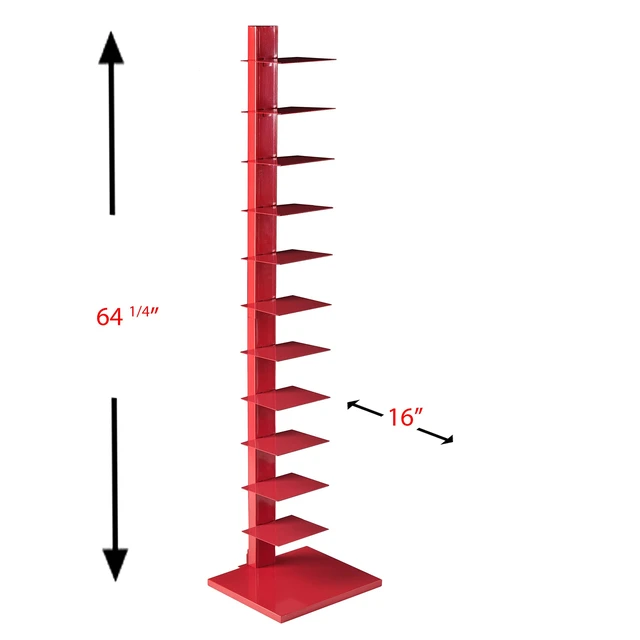 Alt view image 3 of 5 - Stewartby Spine Tower Bookcase - Modern - Metal - 12 Shelves - Red - Adjustable - Space-Saving - Ideal for Home Office, Living Room, Dining Room, Bedroom (HZ9492)