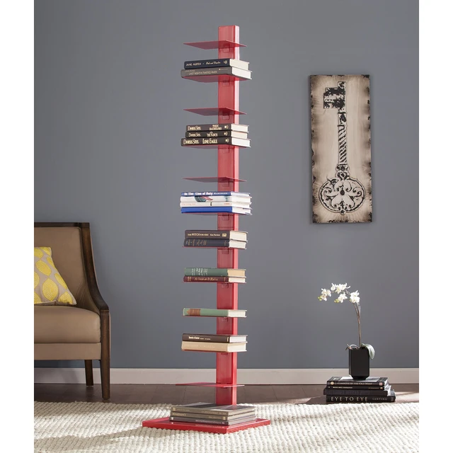 Alt view image 4 of 5 - Stewartby Spine Tower Bookcase - Modern - Metal - 12 Shelves - Red - Adjustable - Space-Saving - Ideal for Home Office, Living Room, Dining Room, Bedroom (HZ9492)