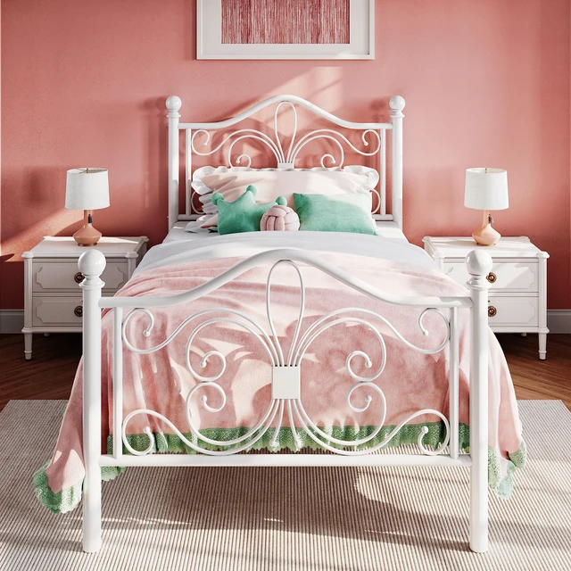 Main image of Twin Size Metal Bed Frame with Butterfly Headboard, White | Metal Platform Bed for Kids, Wrought Iron-Art Headboard/Footboard, Under-Bed Storage, No Box Spring Needed, Easy Assembly