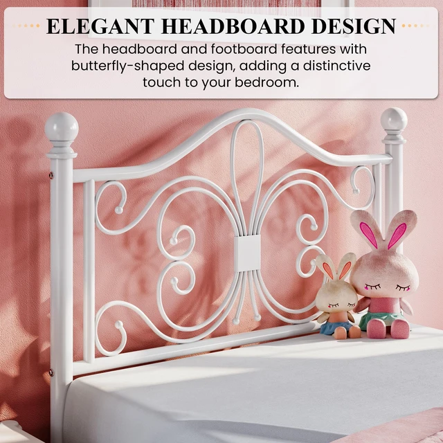 Alt view image 3 of 7 - Twin Size Metal Bed Frame with Butterfly Headboard, White | Metal Platform Bed for Kids, Wrought Iron-Art Headboard/Footboard, Under-Bed Storage, No Box Spring Needed, Easy Assembly