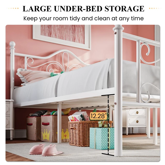 Alt view image 5 of 7 - Twin Size Metal Bed Frame with Butterfly Headboard, White | Metal Platform Bed for Kids, Wrought Iron-Art Headboard/Footboard, Under-Bed Storage, No Box Spring Needed, Easy Assembly
