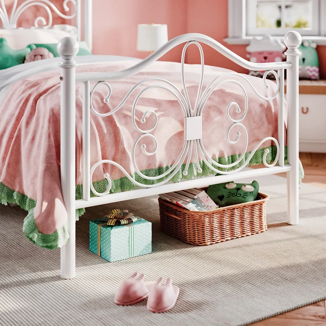 Alt view image 4 of 7 - Twin Size Metal Bed Frame with Butterfly Headboard, White | Metal Platform Bed for Kids, Wrought Iron-Art Headboard/Footboard, Under-Bed Storage, No Box Spring Needed, Easy Assembly