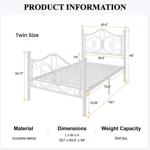 Alt view image 7 of 7 - Twin Size Metal Bed Frame with Butterfly Headboard, White | Metal Platform Bed for Kids, Wrought Iron-Art Headboard/Footboard, Under-Bed Storage, No Box Spring Needed, Easy Assembly