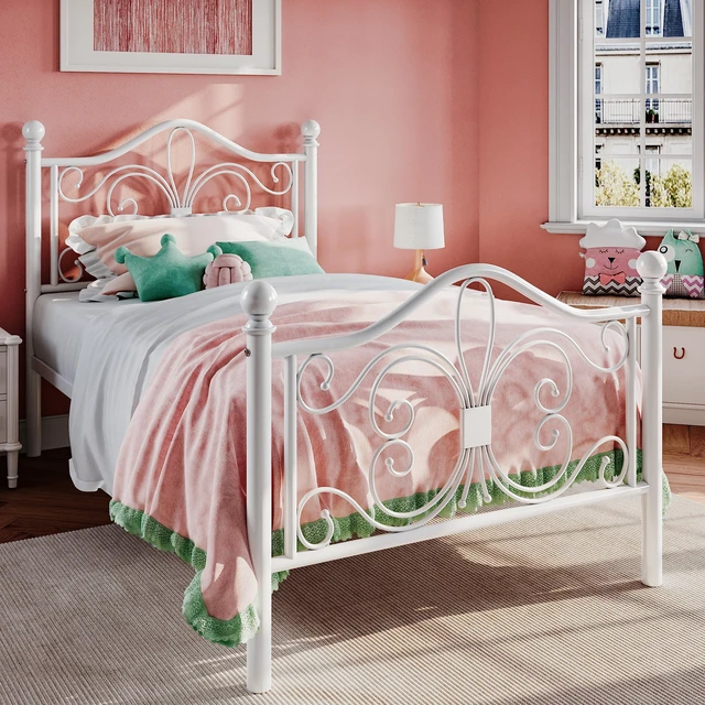 Alt view image 2 of 7 - Twin Size Metal Bed Frame with Butterfly Headboard, White | Metal Platform Bed for Kids, Wrought Iron-Art Headboard/Footboard, Under-Bed Storage, No Box Spring Needed, Easy Assembly