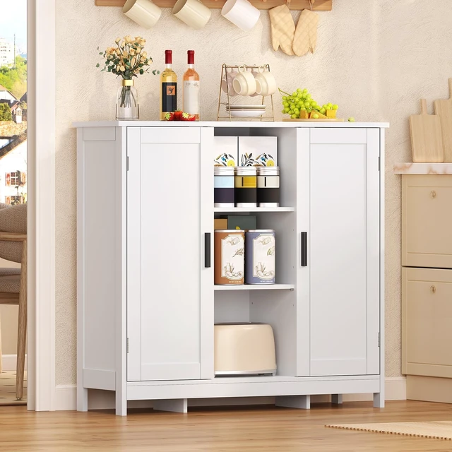 Alt view image 2 of 7 - Storage Cabinet with 2 Doors and 4 Storage Shelves, Buffet Cabinet, Bathroom Cabinet for Living Room, Entryway, Home Office, White