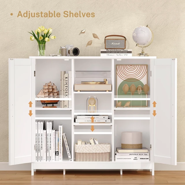 Alt view image 3 of 7 - Storage Cabinet with 2 Doors and 4 Storage Shelves, Buffet Cabinet, Bathroom Cabinet for Living Room, Entryway, Home Office, White