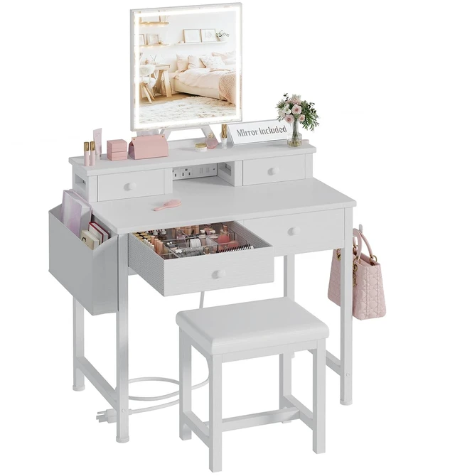 Main image of White Makeup Vanity Desk with Mirror and Lights, Vanity Set with Chair, Make Up Dresser Table with Drawers and Power Outlet for Girls Bedroom Small Space