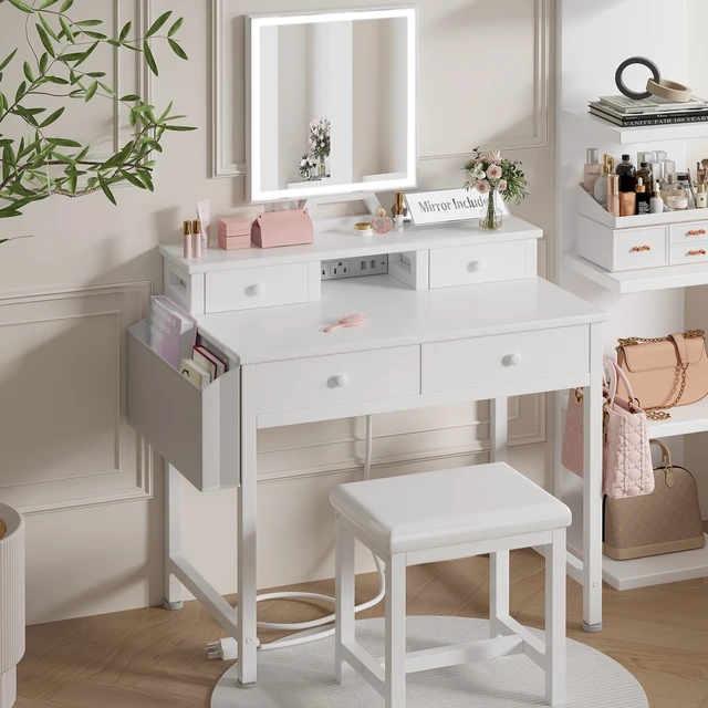 Alt view image 2 of 7 - White Makeup Vanity Desk with Mirror and Lights, Vanity Set with Chair, Make Up Dresser Table with Drawers and Power Outlet for Girls Bedroom Small Space