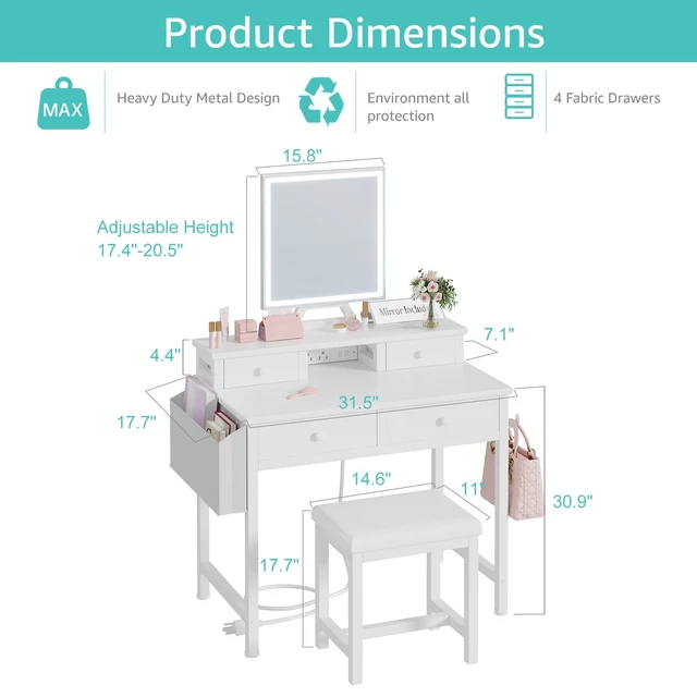 Alt view image 3 of 7 - White Makeup Vanity Desk with Mirror and Lights, Vanity Set with Chair, Make Up Dresser Table with Drawers and Power Outlet for Girls Bedroom Small Space