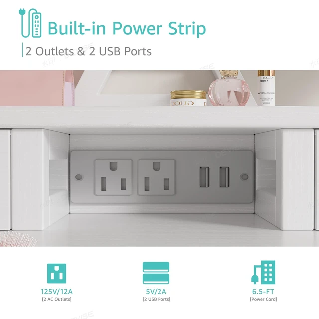 Alt view image 5 of 7 - White Makeup Vanity Desk with Mirror and Lights, Vanity Set with Chair, Make Up Dresser Table with Drawers and Power Outlet for Girls Bedroom Small Space