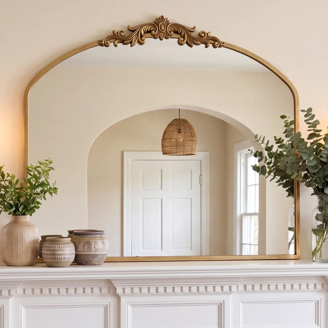 Main image of Vintage Mirror, 36" X 30" Gold Arched Antique Baroque Mirror | Ornate Traditional Wall Decor, Anthro Look Alike Furniture for Bathroom Living Room Fireplace Entryway Hallway