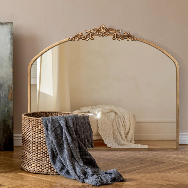 Alt view image 2 of 7 - Vintage Mirror, 36" X 30" Gold Arched Antique Baroque Mirror | Ornate Traditional Wall Decor, Anthro Look Alike Furniture for Bathroom Living Room Fireplace Entryway Hallway
