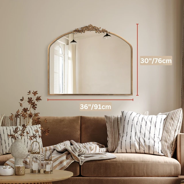 Alt view image 3 of 7 - Vintage Mirror, 36" X 30" Gold Arched Antique Baroque Mirror | Ornate Traditional Wall Decor, Anthro Look Alike Furniture for Bathroom Living Room Fireplace Entryway Hallway