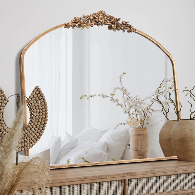 Alt view image 4 of 7 - Vintage Mirror, 36" X 30" Gold Arched Antique Baroque Mirror | Ornate Traditional Wall Decor, Anthro Look Alike Furniture for Bathroom Living Room Fireplace Entryway Hallway