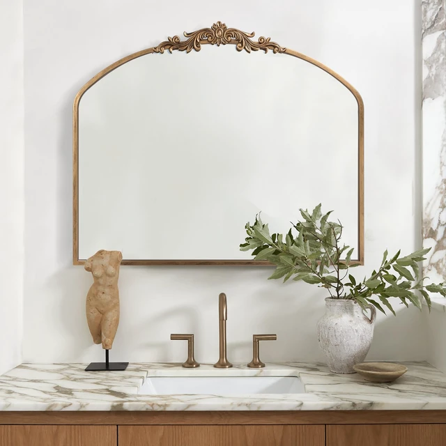 Alt view image 6 of 7 - Vintage Mirror, 36" X 30" Gold Arched Antique Baroque Mirror | Ornate Traditional Wall Decor, Anthro Look Alike Furniture for Bathroom Living Room Fireplace Entryway Hallway