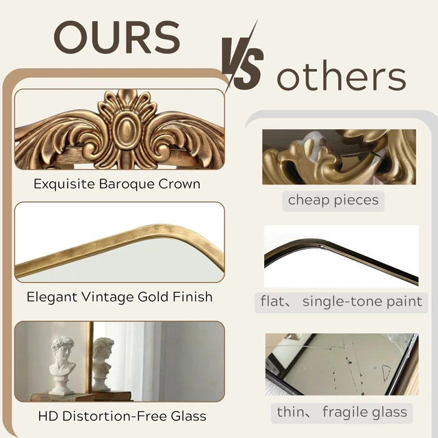 Alt view image 7 of 7 - Vintage Mirror, 36" X 30" Gold Arched Antique Baroque Mirror | Ornate Traditional Wall Decor, Anthro Look Alike Furniture for Bathroom Living Room Fireplace Entryway Hallway