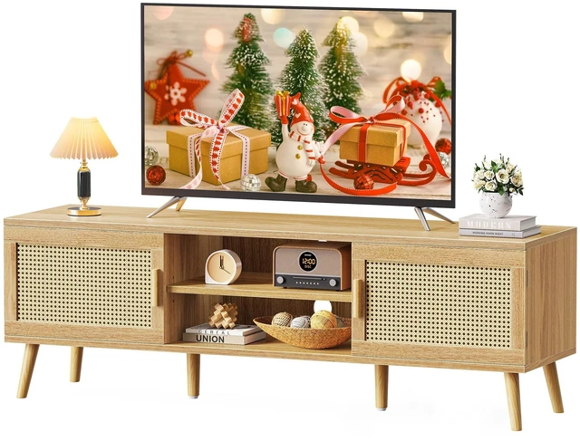Main image of Boho TV Stand for 65 Inch TV, Entertainment Center with Adjustable Shelf, Rattan TV Console with 2 Cabinets, Media Console, Solid Wood Feet, 4 Cord Holes, for Living Room - Natural