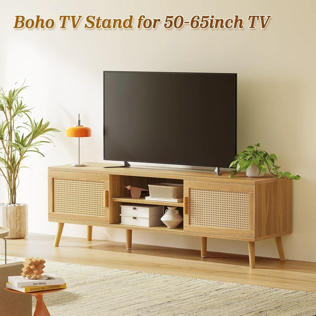 Alt view image 2 of 7 - Boho TV Stand for 65 Inch TV, Entertainment Center with Adjustable Shelf, Rattan TV Console with 2 Cabinets, Media Console, Solid Wood Feet, 4 Cord Holes, for Living Room - Natural