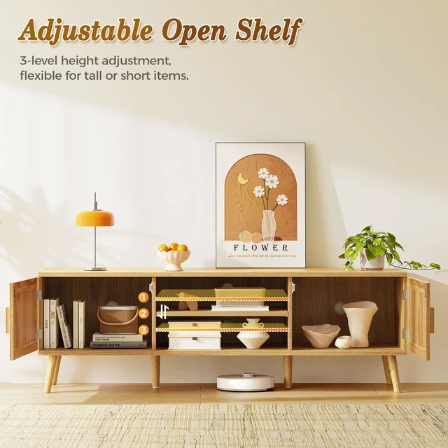 Alt view image 3 of 7 - Boho TV Stand for 65 Inch TV, Entertainment Center with Adjustable Shelf, Rattan TV Console with 2 Cabinets, Media Console, Solid Wood Feet, 4 Cord Holes, for Living Room - Natural