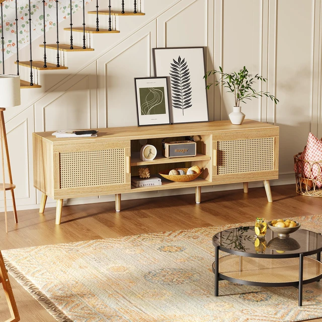 Alt view image 5 of 7 - Boho TV Stand for 65 Inch TV, Entertainment Center with Adjustable Shelf, Rattan TV Console with 2 Cabinets, Media Console, Solid Wood Feet, 4 Cord Holes, for Living Room - Natural