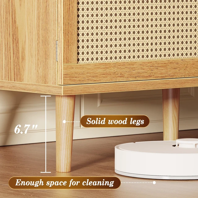 Alt view image 6 of 7 - Boho TV Stand for 65 Inch TV, Entertainment Center with Adjustable Shelf, Rattan TV Console with 2 Cabinets, Media Console, Solid Wood Feet, 4 Cord Holes, for Living Room - Natural