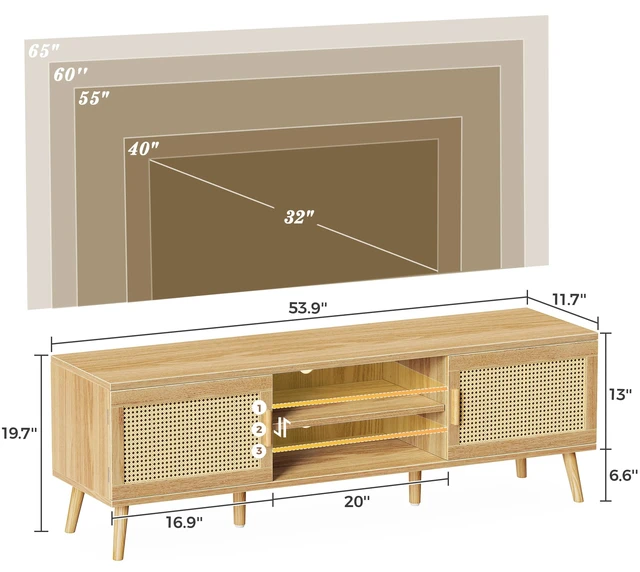 Alt view image 7 of 7 - Boho TV Stand for 65 Inch TV, Entertainment Center with Adjustable Shelf, Rattan TV Console with 2 Cabinets, Media Console, Solid Wood Feet, 4 Cord Holes, for Living Room - Natural