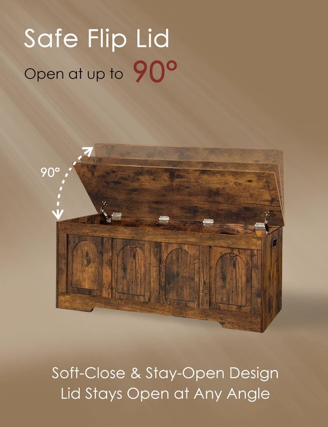 Alt view image 2 of 7 - Storage Chest, Wooden Toy Box, Rustic Brown 47.2" L | Entryway Shoe Bench, 2 Soft-close Hinges, Finger-safe Flip-Top Lid, Easy Assembly, Farmhouse Large Trunk, Living Room/Bedroom