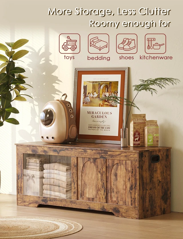 Alt view image 5 of 7 - Storage Chest, Wooden Toy Box, Rustic Brown 47.2" L | Entryway Shoe Bench, 2 Soft-close Hinges, Finger-safe Flip-Top Lid, Easy Assembly, Farmhouse Large Trunk, Living Room/Bedroom