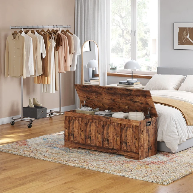 Alt view image 6 of 7 - Storage Chest, Wooden Toy Box, Rustic Brown 47.2" L | Entryway Shoe Bench, 2 Soft-close Hinges, Finger-safe Flip-Top Lid, Easy Assembly, Farmhouse Large Trunk, Living Room/Bedroom