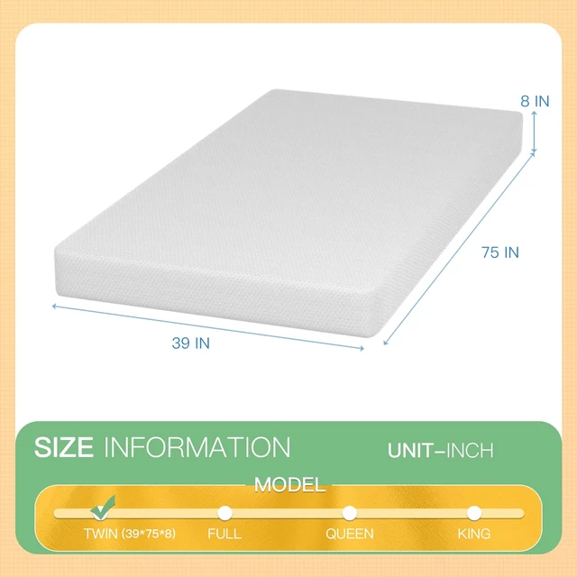 Alt view image 7 of 7 - 8 Inch Twin Mattress | White | Green Tea Gel Memory Foam | Medium Firm Feel | Pressure Relieving, Cooling & Breathable | Fiberglass Free | Bed-in-a-box | CertiPUR-US Certified