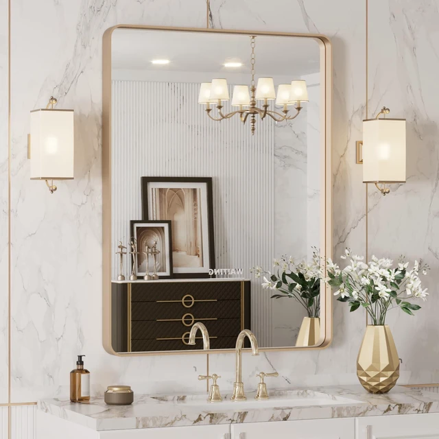 Main image of 24"X32" Gold Bathroom Mirror | Rounded Rectangle, Brushed Gold Frame, Wall-Mounted, Anti-Rust, Hangs Horizontally or Vertically