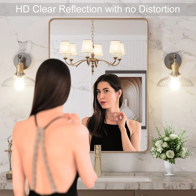 Alt view image 2 of 7 - 24"X32" Gold Bathroom Mirror | Rounded Rectangle, Brushed Gold Frame, Wall-Mounted, Anti-Rust, Hangs Horizontally or Vertically