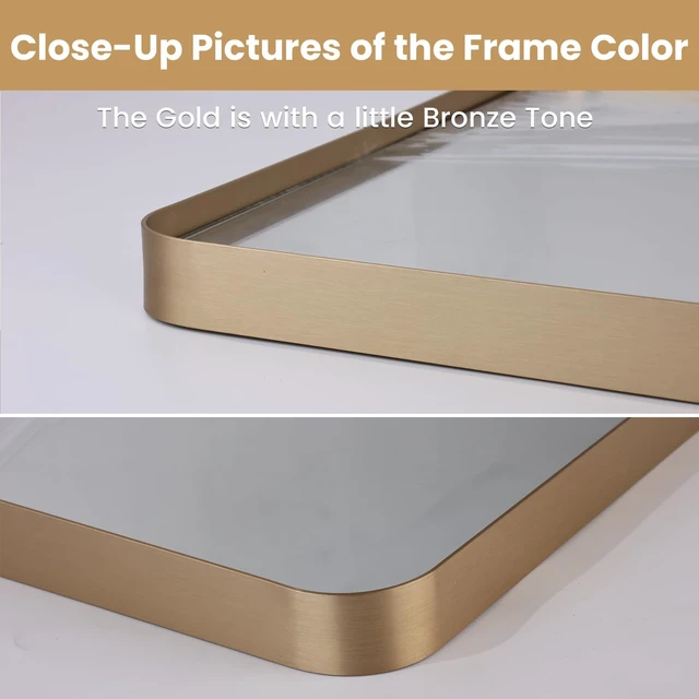 Alt view image 3 of 7 - 24"X32" Gold Bathroom Mirror | Rounded Rectangle, Brushed Gold Frame, Wall-Mounted, Anti-Rust, Hangs Horizontally or Vertically