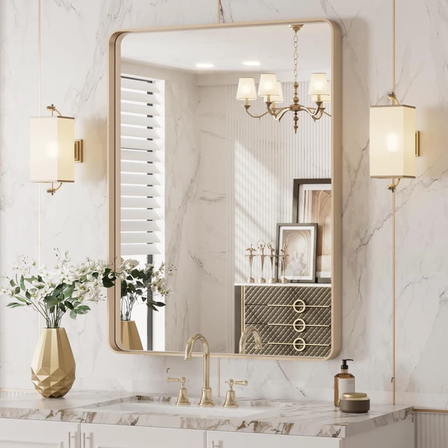 Alt view image 4 of 7 - 24"X32" Gold Bathroom Mirror | Rounded Rectangle, Brushed Gold Frame, Wall-Mounted, Anti-Rust, Hangs Horizontally or Vertically